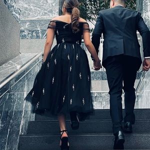 Pearl Embellished Off-the-Shoulder Cap Sleeve Dress